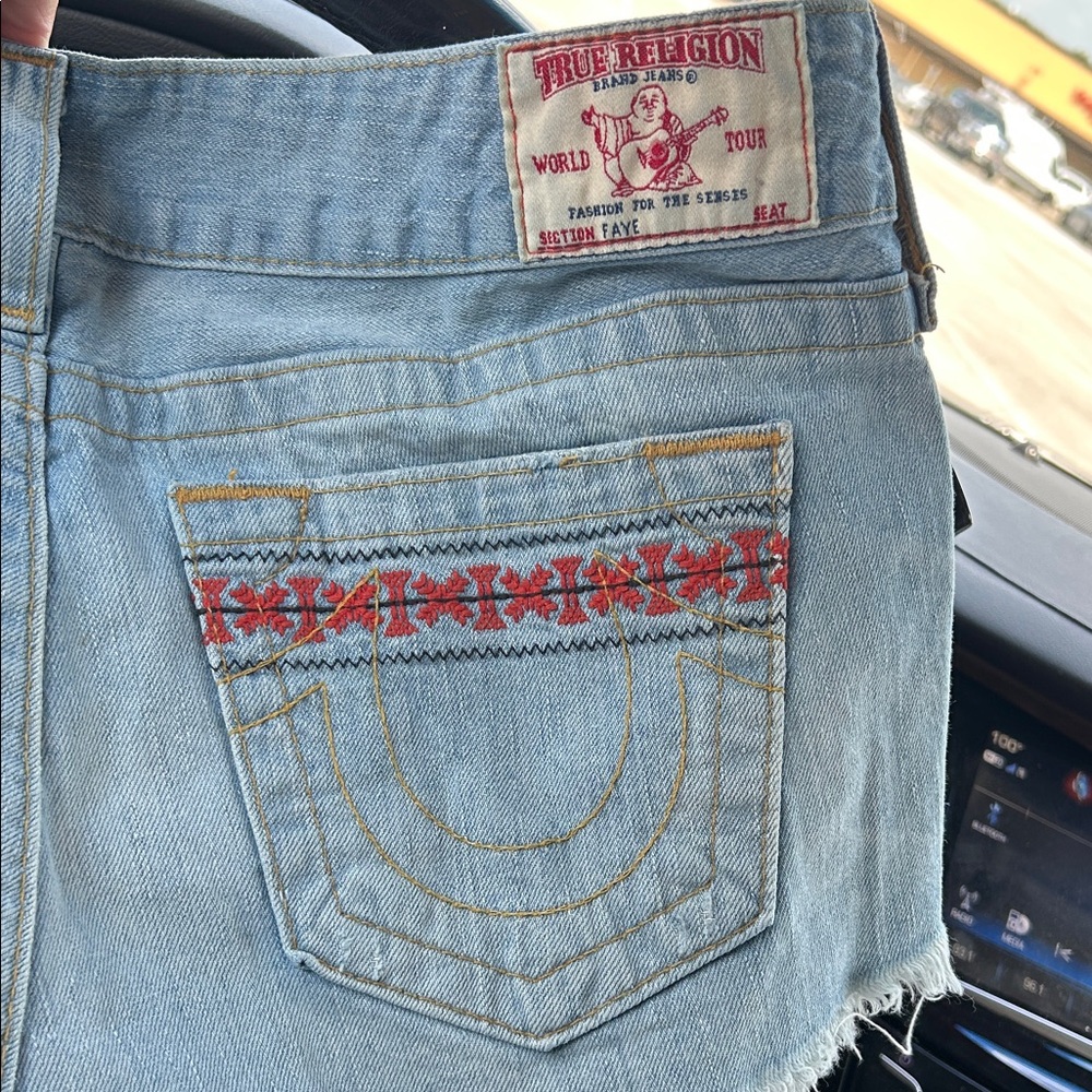True Religion Light Blue High-Rise Jeans with Red Embroidered Pocket